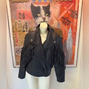 Vintage 80s black leather cropped fringe moto jacket Conchos padded shoulders